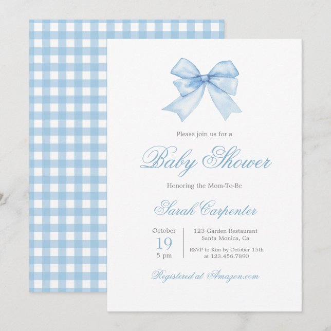 Blue Gingham and Bow Baby Shower Boy Einladung (Vorne/Hinten)