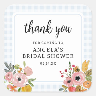 Blue Gingham and Flowers Bridal Shower Thank You Quadratischer Aufkleber