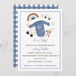 Blue Gingham and Toys Baby Boy Shower Invitation Einladung