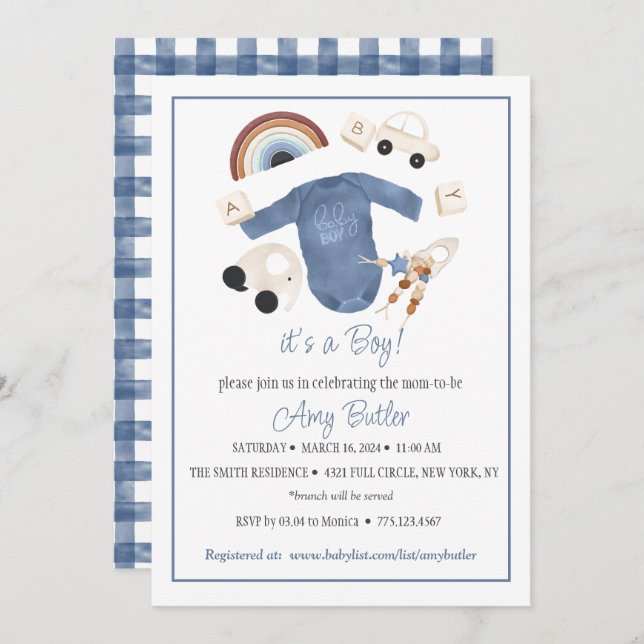 Blue Gingham and Toys Baby Boy Shower Invitation Einladung (Vorne/Hinten)