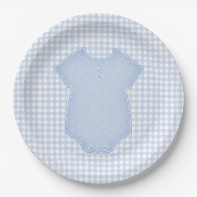 Blue Gingham Baby Boy Bodysuit Baby Dusche Pappteller (Vorderseite)