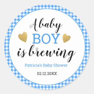 Blue Gingham Baby Boy Braut Babydusche Runder Aufkleber