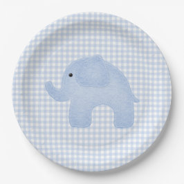 Blue Gingham Baby Boy Elephant Baby Shower Pappteller