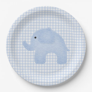 Blue Gingham Baby Boy Elephant Baby Shower Pappteller