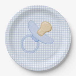 Blue Gingham Baby Boy Schnuller Baby Shower Pappteller