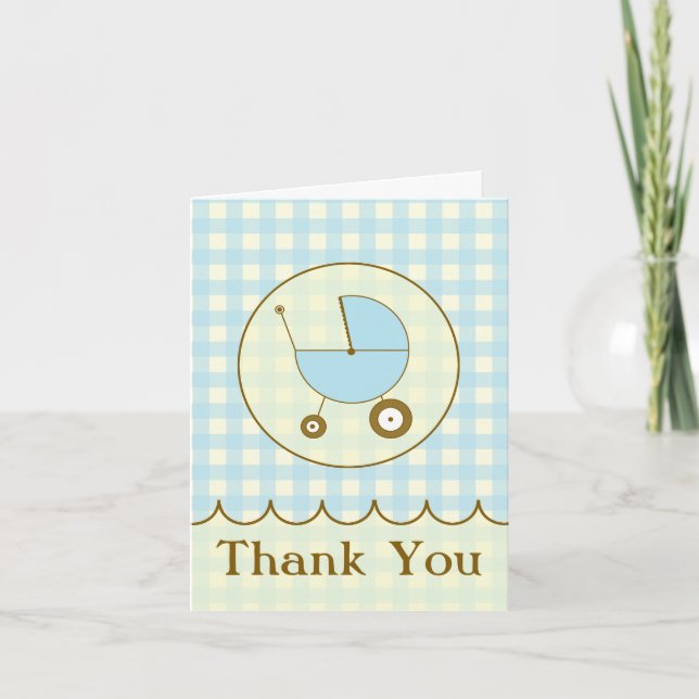 Blue Gingham Baby Carriage Dankeschön Card Dankeskarte (Vorderseite)