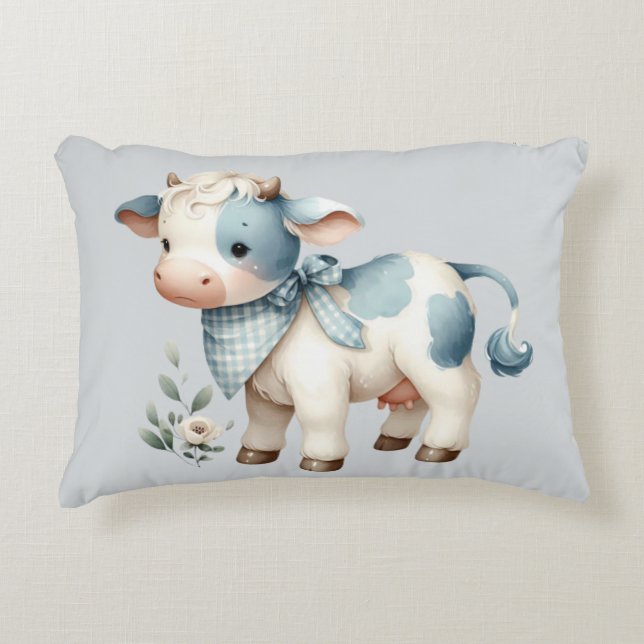 Blue Gingham Baby Cow Pastel Farm Aesthetic Dekokissen (Vorderseite)