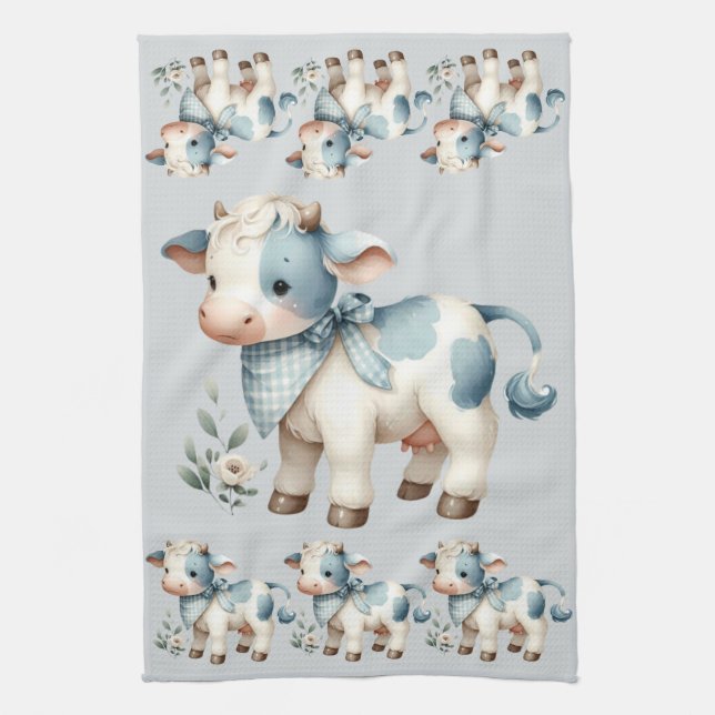 Blue Gingham Baby Cow Pastel Farm Aesthetic Geschirrtuch (Vertikal)
