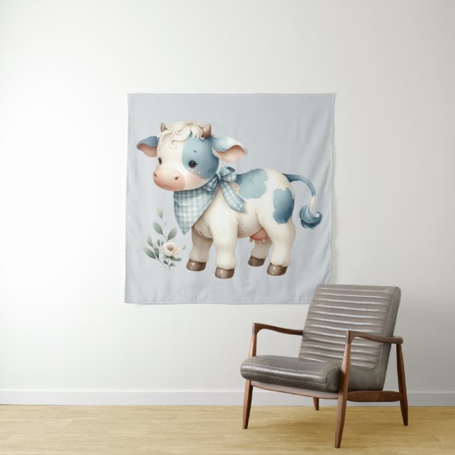 Blue Gingham Baby Cow Pastel Farm Aesthetic Wandteppich (Beispiel)