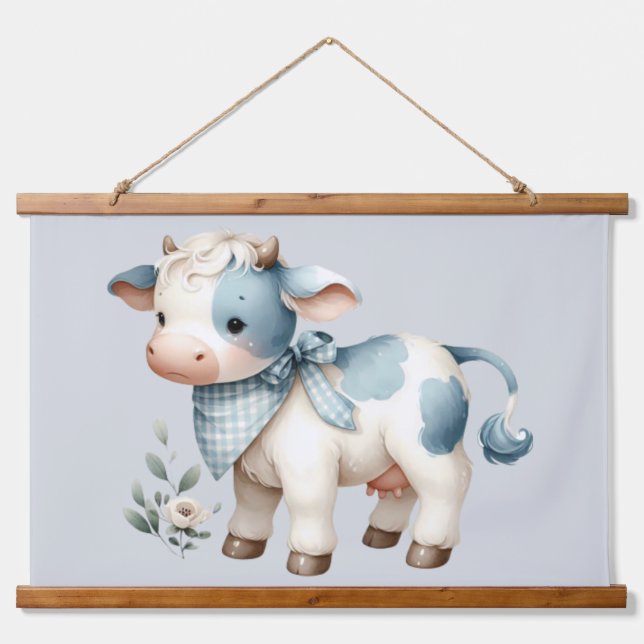 Blue Gingham Baby Cow Pastel Farm Aesthetic Wandteppich Mit Holzrahmen (Vorne)