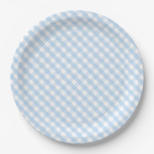 Blue Gingham Baby Duschdekoration Pappteller (Vorderseite)