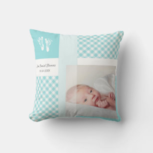 Blue Gingham Baby Footprints Birth Foto Kissen