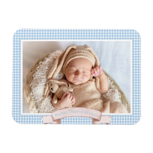 Blue Gingham Baby Foto Magnet (Horizontal)
