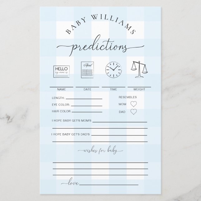 Blue Gingham Baby Predictions Game (Vorderseite)