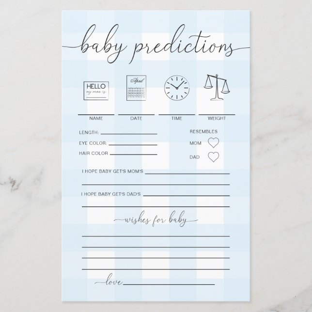 Blue Gingham Baby Predictions Game (Vorderseite)