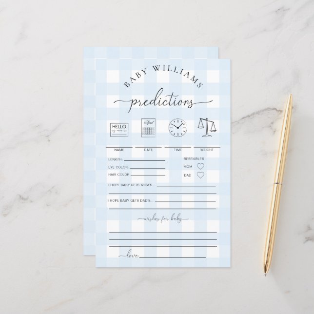Blue Gingham Baby Predictions Game (Vorderseite/Rückseite Beispiel)
