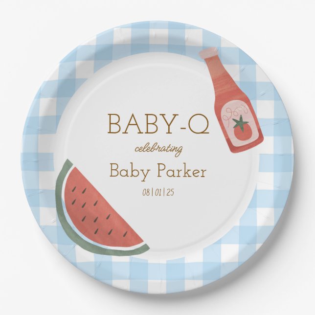 Blue Gingham Baby-Q Circular Plate Pappteller (Vorderseite)