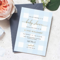 Blue Gingham Baby Shower Gold Foil Einladung