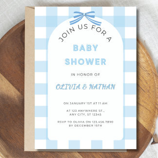 Blue Gingham Baby Shower Invitation, Blue Baby Boy Einladung