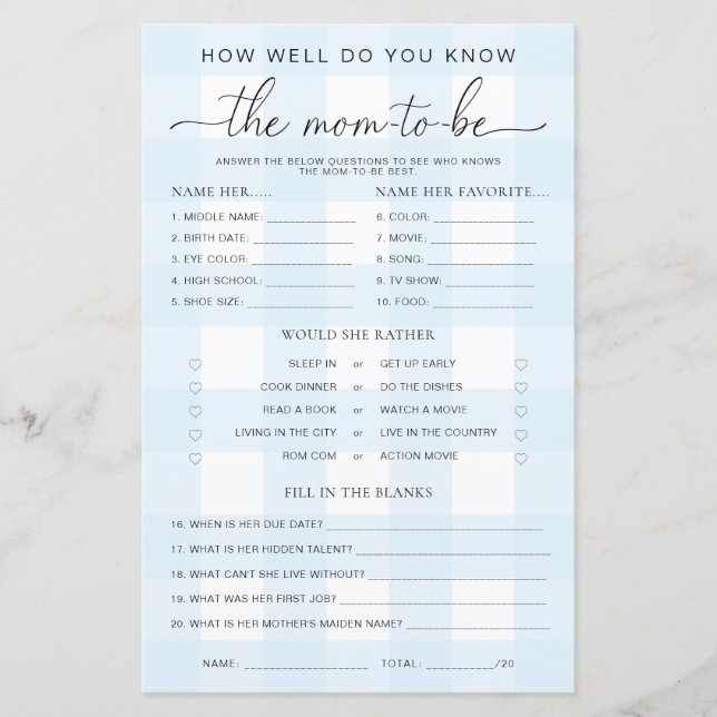 Blue Gingham Baby Shower kennt das Mama-to-be-Spie (Vorderseite)