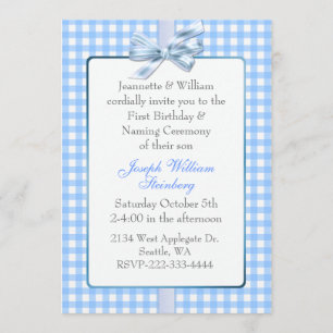 Blue Gingham Baby's Geburtstag und Namensfeier Einladung