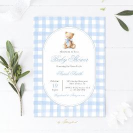 Blue Gingham Bear Baby Shower Boy Einladung
