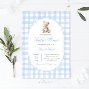 Blue Gingham Bear Baby Shower Boy Einladung