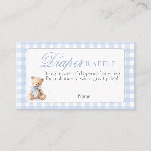 Blue Gingham Bear Baby shower Diaper Raffle Card Begleitkarte (Vorderseite)