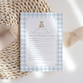 Blue Gingham Bear Baby Shower Who Knows Mommy Best Einladung
