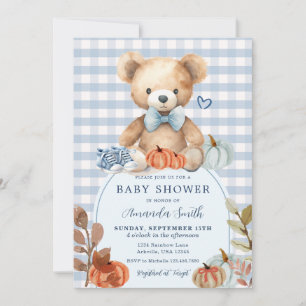Blue Gingham Bear Pumpkin Shoes Baby Shower Einladung