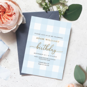 Blue Gingham Birthday Gold Foil Einladung