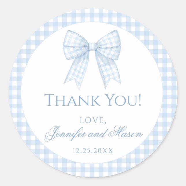 Blue Gingham Bogen Baby Danke für Rundaufkleber Runder Aufkleber (Vorderseite)