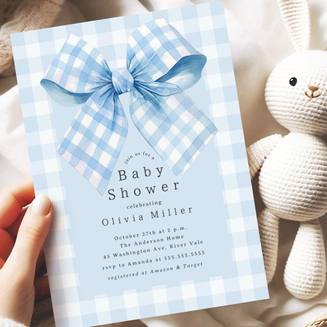 Blue Gingham Bow Baby Shower Einladung (Von Creator hochgeladen)