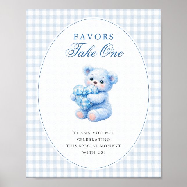 Blue Gingham Bow Heart Teddy Bear Baby Shower Poster (Vorne)