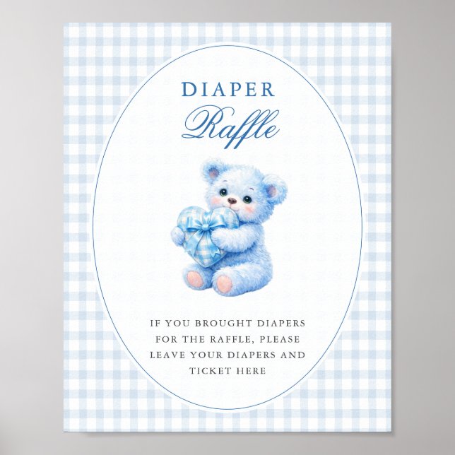 Blue Gingham Bow Heart Teddy Bear Baby Shower Poster (Vorne)