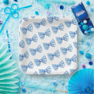 Blue Gingham Bow Krawatte Pattern Baby Shower Picn Pappteller