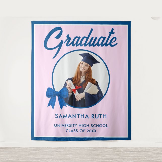 Blue Gingham Bow Photo Graduation Backdrop Wandteppich (Vorderseite)
