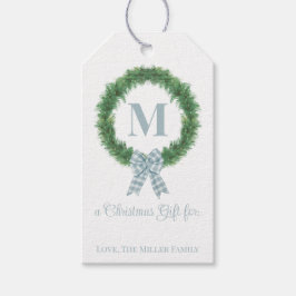 Blue Gingham Bow Wreath Gift Tag Geschenkanhänger