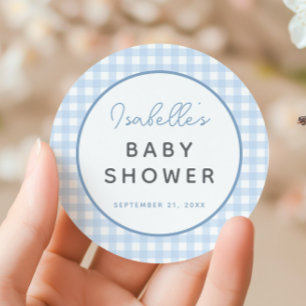Blue Gingham Boy Baby Shower Runder Aufkleber