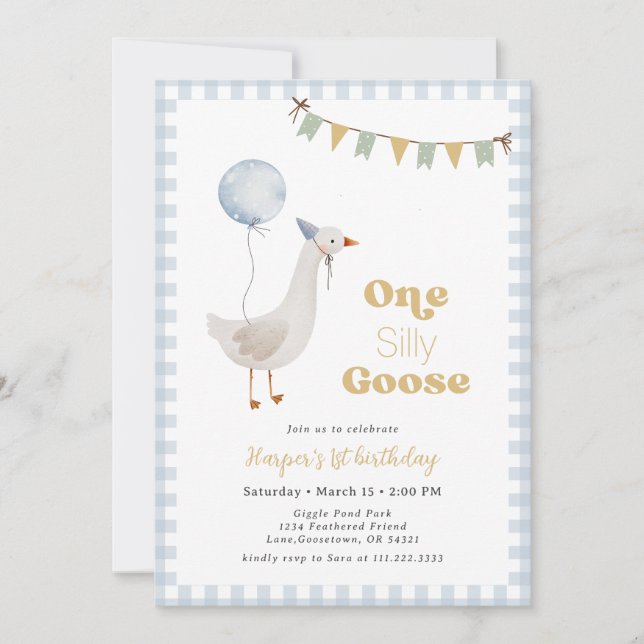 Blue Gingham Boy One Albern Goose Birthday Einladung (Vorderseite)