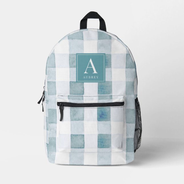 Blue Gingham/Buffalo Karierte Wasserfarbmonogramm Bedruckter Rucksack (Vorderseite)