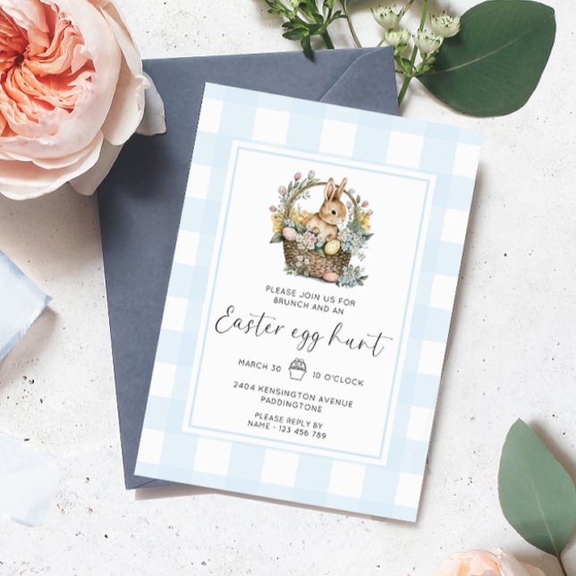Blue Gingham Bunny Easter Egg Hunt Einladung (Easter Egg Hunt Invitation Gingham )