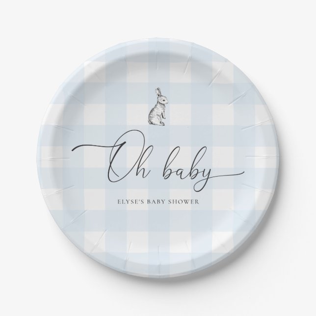 Blue Gingham Bunny Rabbit Baby Dusche Pappteller (Vorderseite)