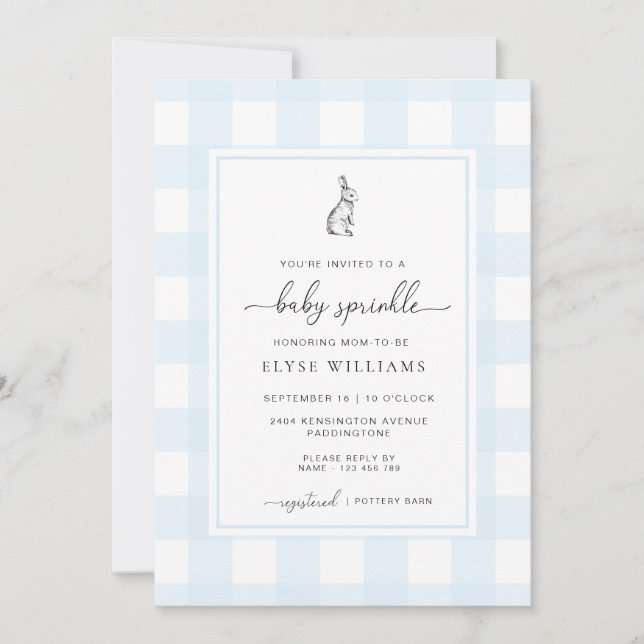 Blue Gingham Bunny Rabbit Baby Sprinkle Einladung (Vorderseite)