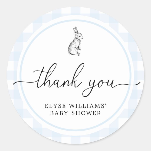Blue Gingham Bunny Rabbit Dusche Gefallen Sticker (Vorderseite)