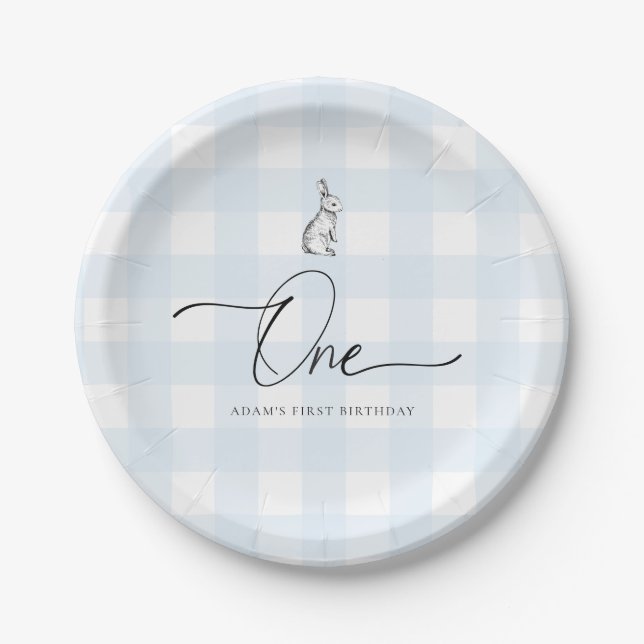 Blue Gingham Bunny Rabbit Erster Geburtstag Pappteller (Vorderseite)