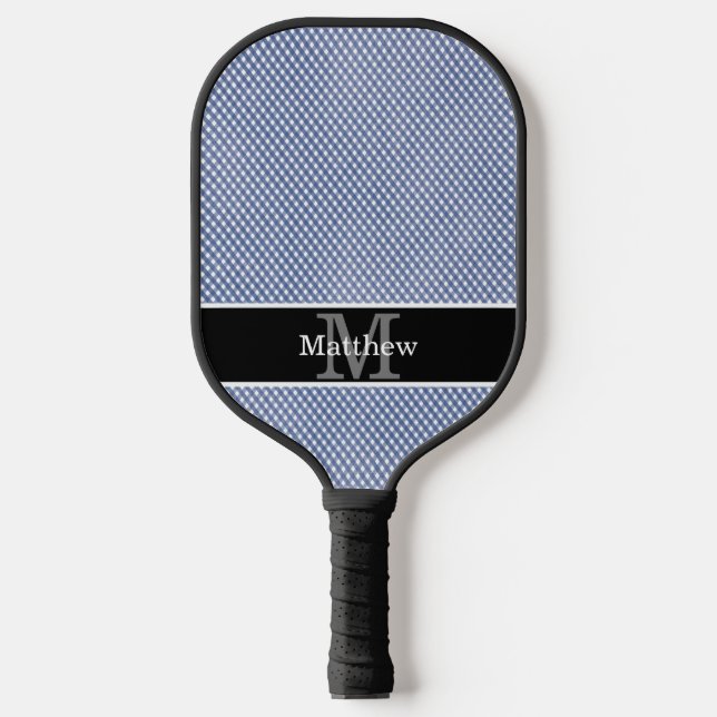 Blue Gingham Checkered Initial Monogram Pickleball Schläger (Vorderseite)