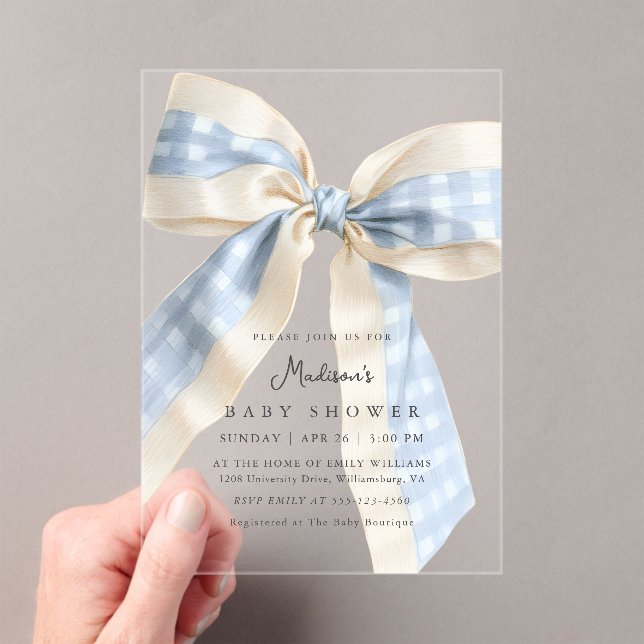 Blue Gingham Checks Bow Cute Baby Shower Acryleinladungen (Insitu (Handheld))