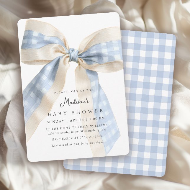 Blue Gingham Checks Bow Cute Baby Shower Einladung (Von Creator hochgeladen)