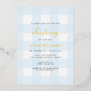 Blue Gingham Christening Gold Foil Einladung